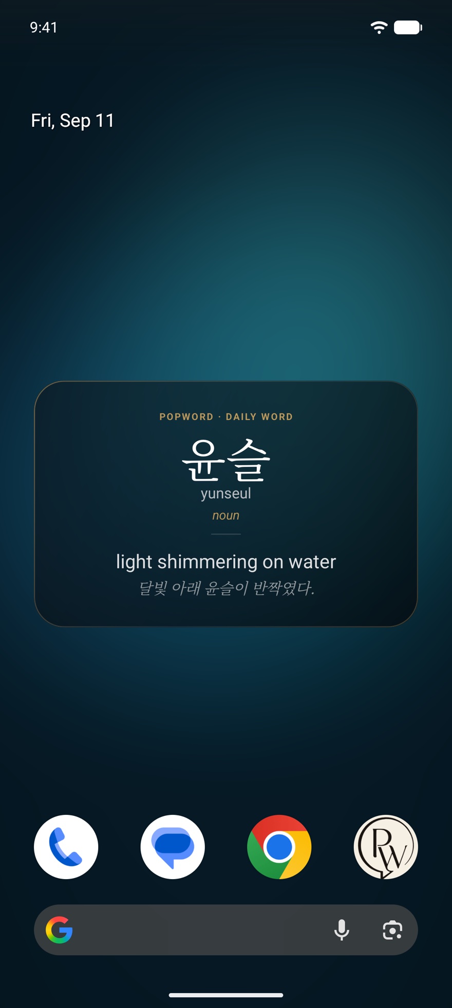 An Android home screen carrying the PopWord live wallpaper on the Ocean background: a Korean word card reading 윤슬, yunseul, noun, light shimmering on water, with a Korean example sentence beneath it, above the launcher's dock and search bar.
