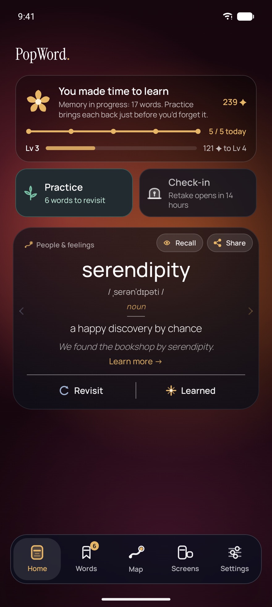 PopWord's Home on the Sunset background: Practice with six words to revisit beside a resting Check-in, and the English word serendipity, noun, a happy discovery by chance, with Revisit and Learned under the card and the Home, Words, Map, Screens and Settings tabs below.