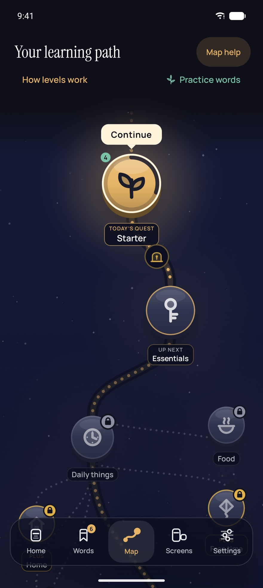 The PopWord learning map, titled Your learning path: a starry night board where a gold road runs from today's quest, Starter, a raised gold button under a Continue bubble, past the gold check-in seal to the next stop, Essentials, then on to Daily things, with side quests such as Food and Free time on dotted paths at the edges.