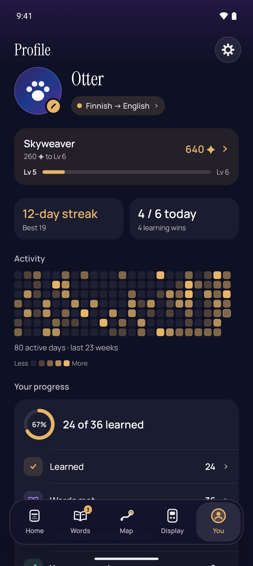 The PopWord profile: an avatar and the name Otter, a Finnish to English journey, the Skyweaver level with 640 Sparks, a 12-day streak, four of six for today, and a calendar of the days learned over 23 weeks.
