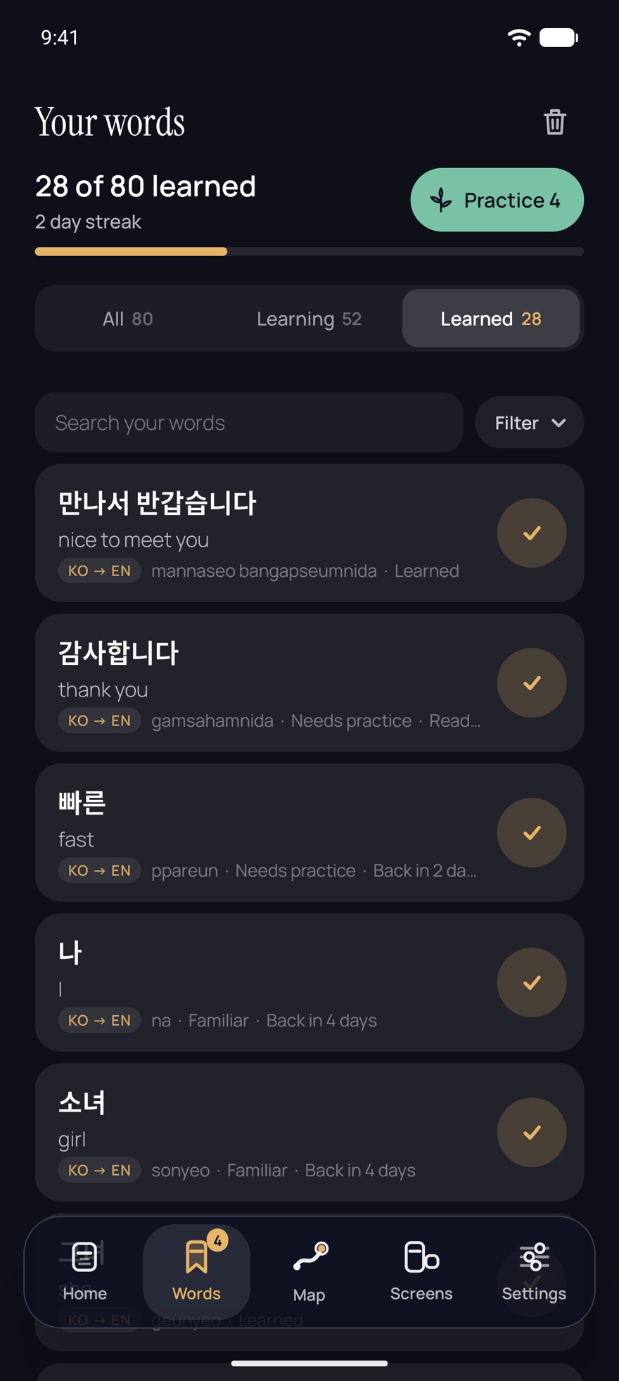 The PopWord Words tab on its Learned filter: 28 of 80 learned, a 2 day streak, a Practice button with 4 due, and Korean words with their meanings and memory stages: 만나서 반갑습니다, nice to meet you, learned; 감사합니다, thank you, needs practice and ready for review; 빠른, fast, back in 2 days; 나, I, and 소녀, girl, both familiar and back in 4 days.